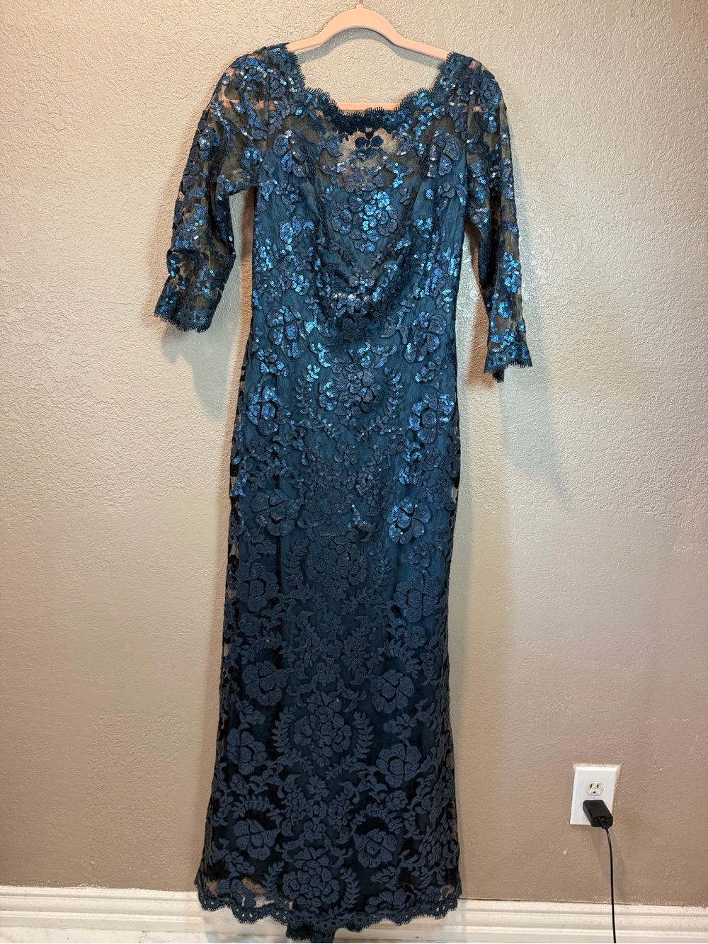 Tadashi Shoji Teal Lace Evening Gown with Sequin Floral Appliqué